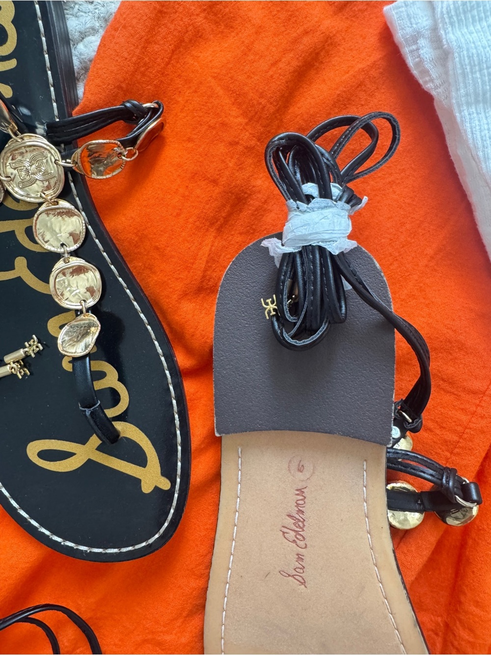 Sam Edelman Black Leather Lace-Up Sandals with Gold Coin Detail - Picture 4 of 8